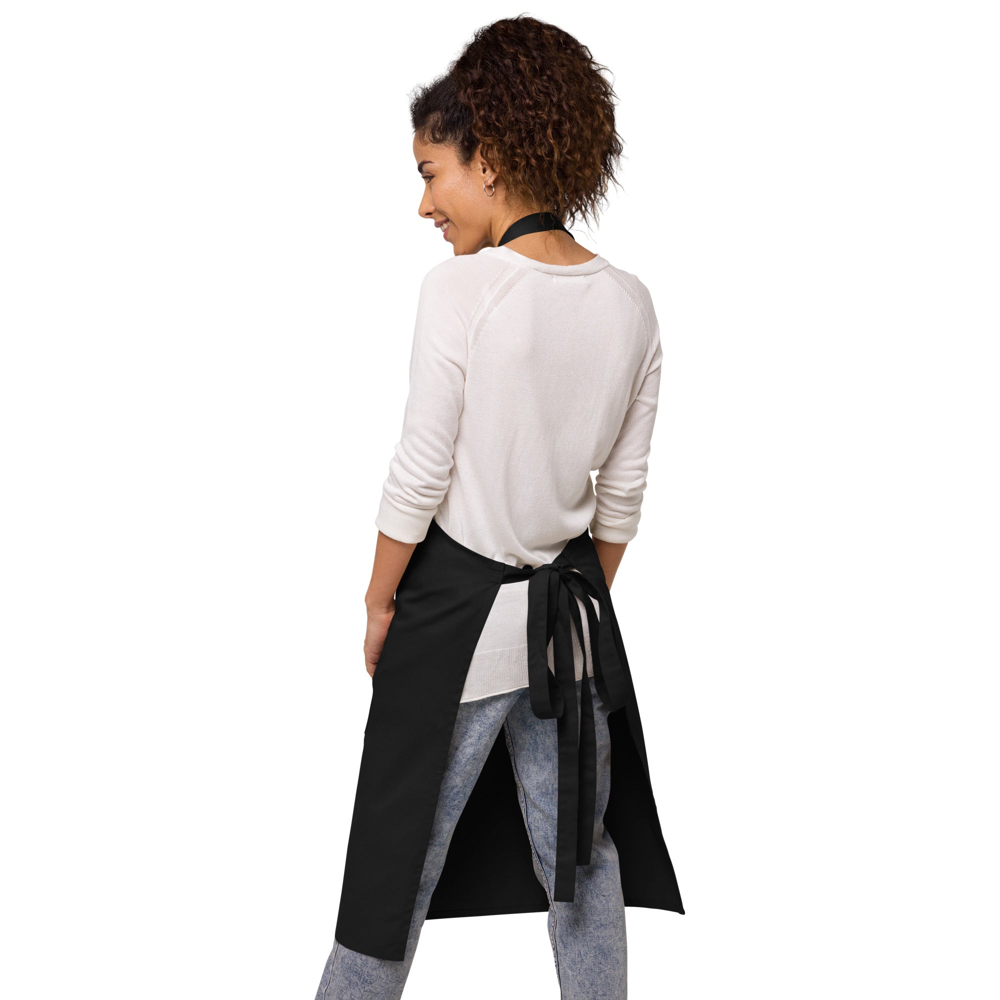 Woman wearing black apron, back view showing tied strings, comfortable fit, self-love kitchen accessory- SublimeElle Self - Love