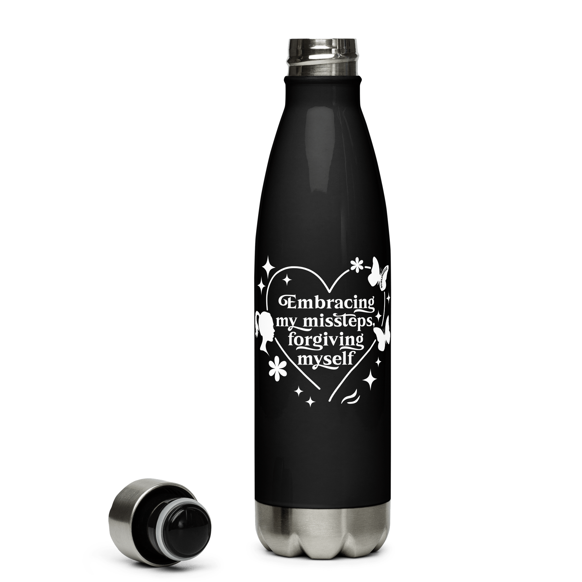 Black Water Bottle With Inspirational Quote/Stainless Steel - SublimeElle Self - Love