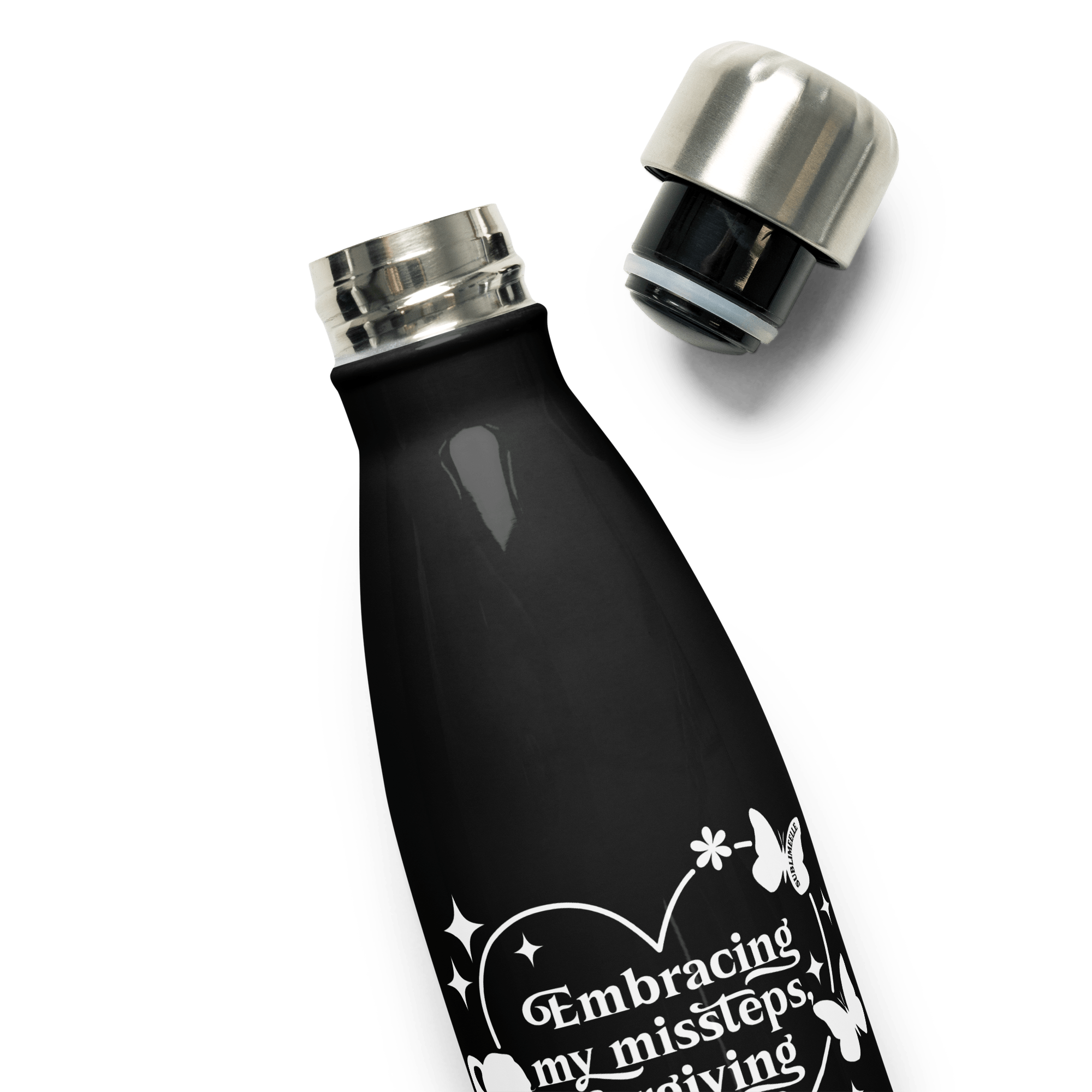 Black Water Bottle With Inspirational Quote/Stainless Steel - SublimeElle Self - Love