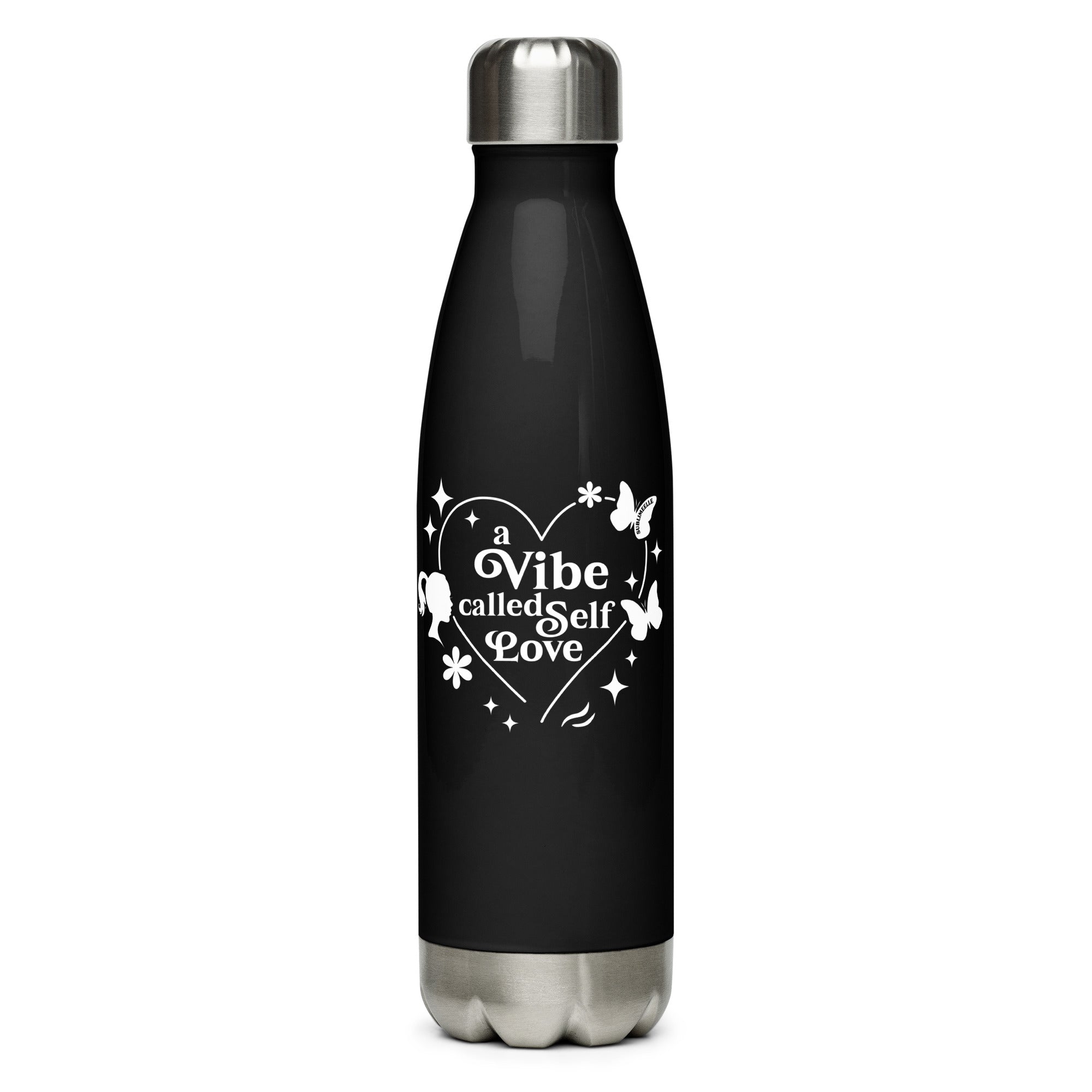 Black Water Bottle with Self - love Quote/Stainless Steel - SublimeElle Self - Love