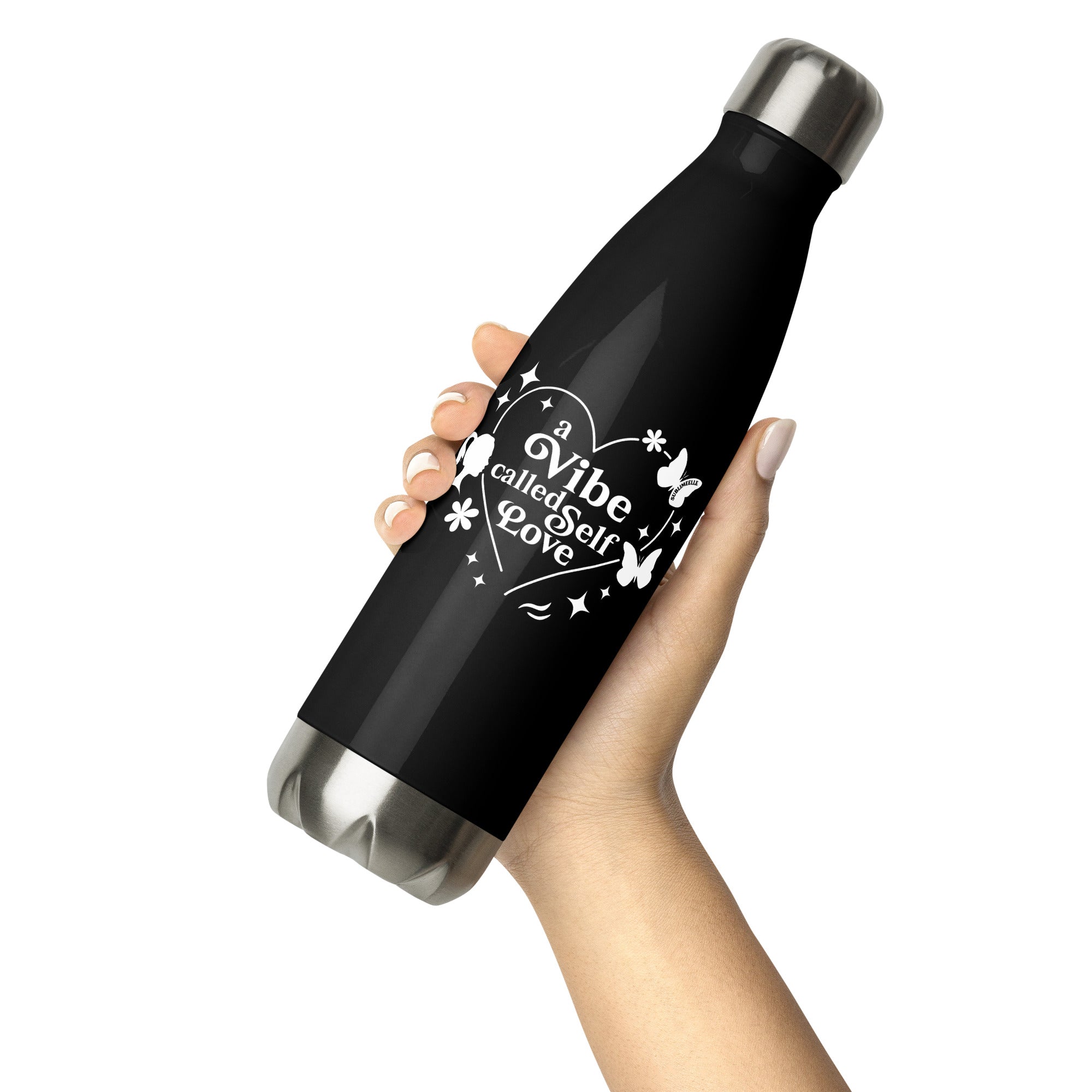 Black Water Bottle with Self - love Quote/Stainless Steel - SublimeElle Self - Love