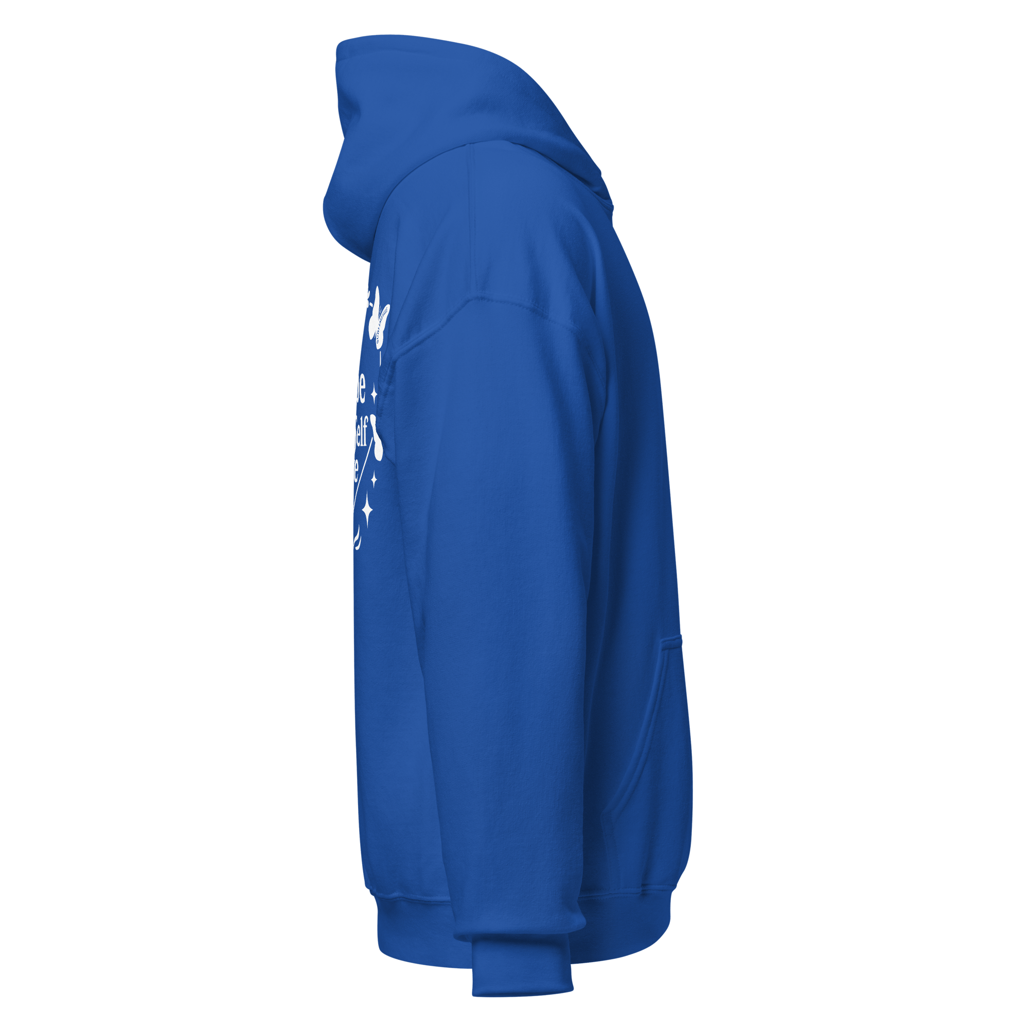 Right side view of blue hoodie with a plain front and no design visible - SublimeElle Self - Love