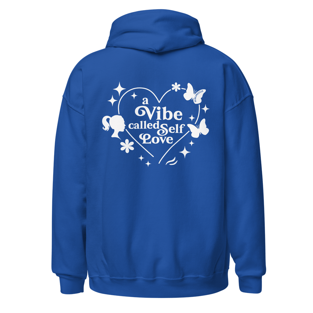 Back view of blue hoodie featuring the self-love design clearly displayed - SublimeElle Self - Love