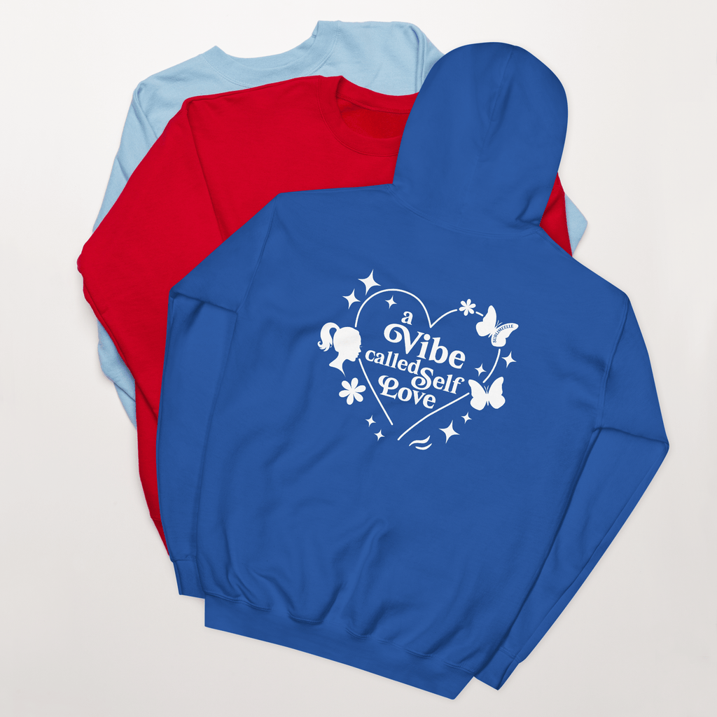 Hoodie displayed with red and blue sweatshirts, self-love collection, casual wear, cosy and stylish apparel- SublimeElle Self - Love