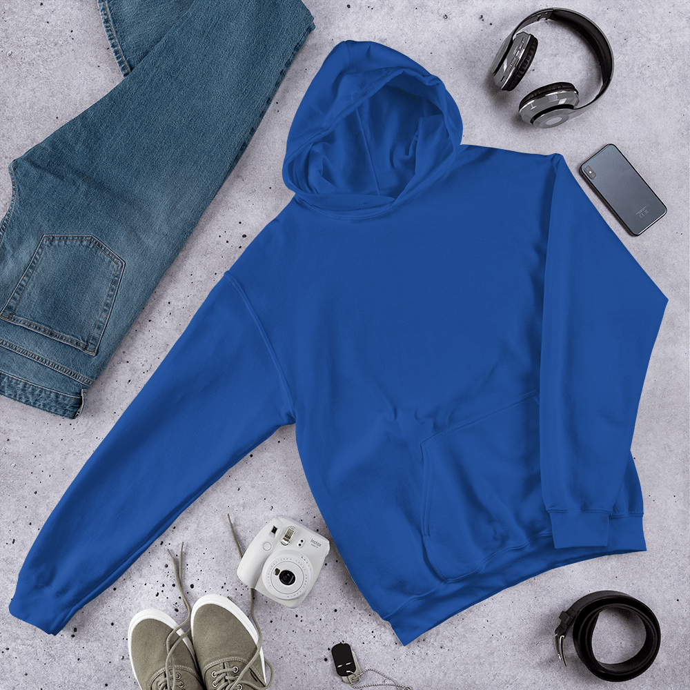 Blue hoodie displayed flat with jeans, shoes, headphones, and accessories, styled for a modern self-love aesthetic- SublimeElle Self - Love