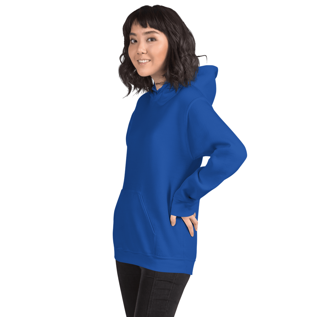 Woman wearing the blue hoodie showing the left side and front view, highlighting the comfortable fit and self-love design style - SublimeElle Self - Love