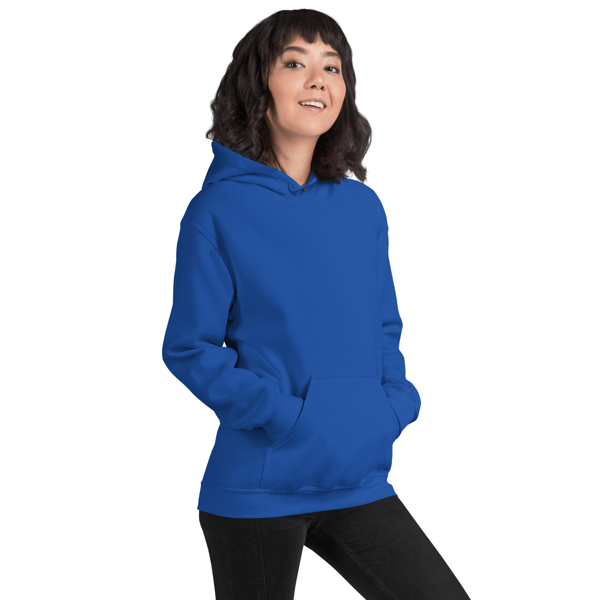 Woman wearing the blue hoodie showing the right side and front view, hands in pockets, highlighting the cozy fit and self-love style- SublimeElle Self - Love