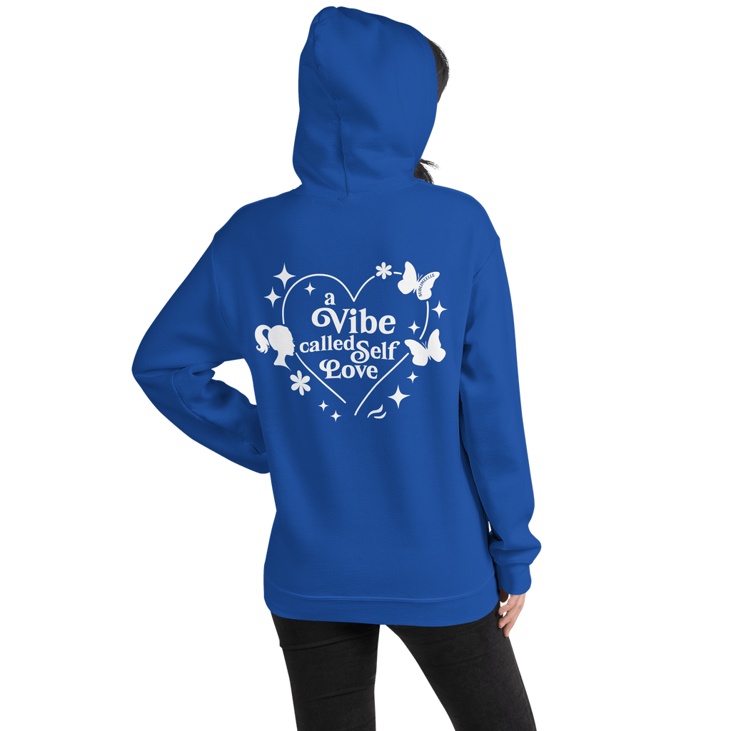 Woman wearing a blue hoodie, back view visible, showing the self-love design clearly- SublimeElle Self - Love