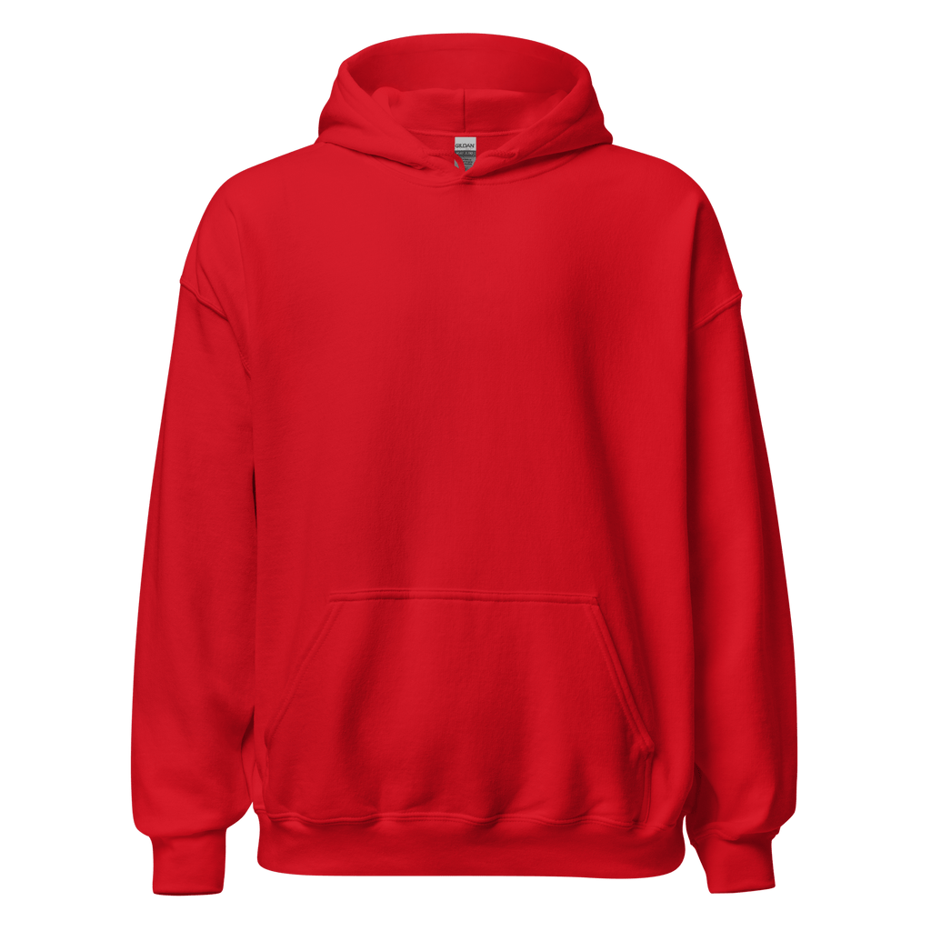 Red self-love hoodie front view with pockets – cozy fit