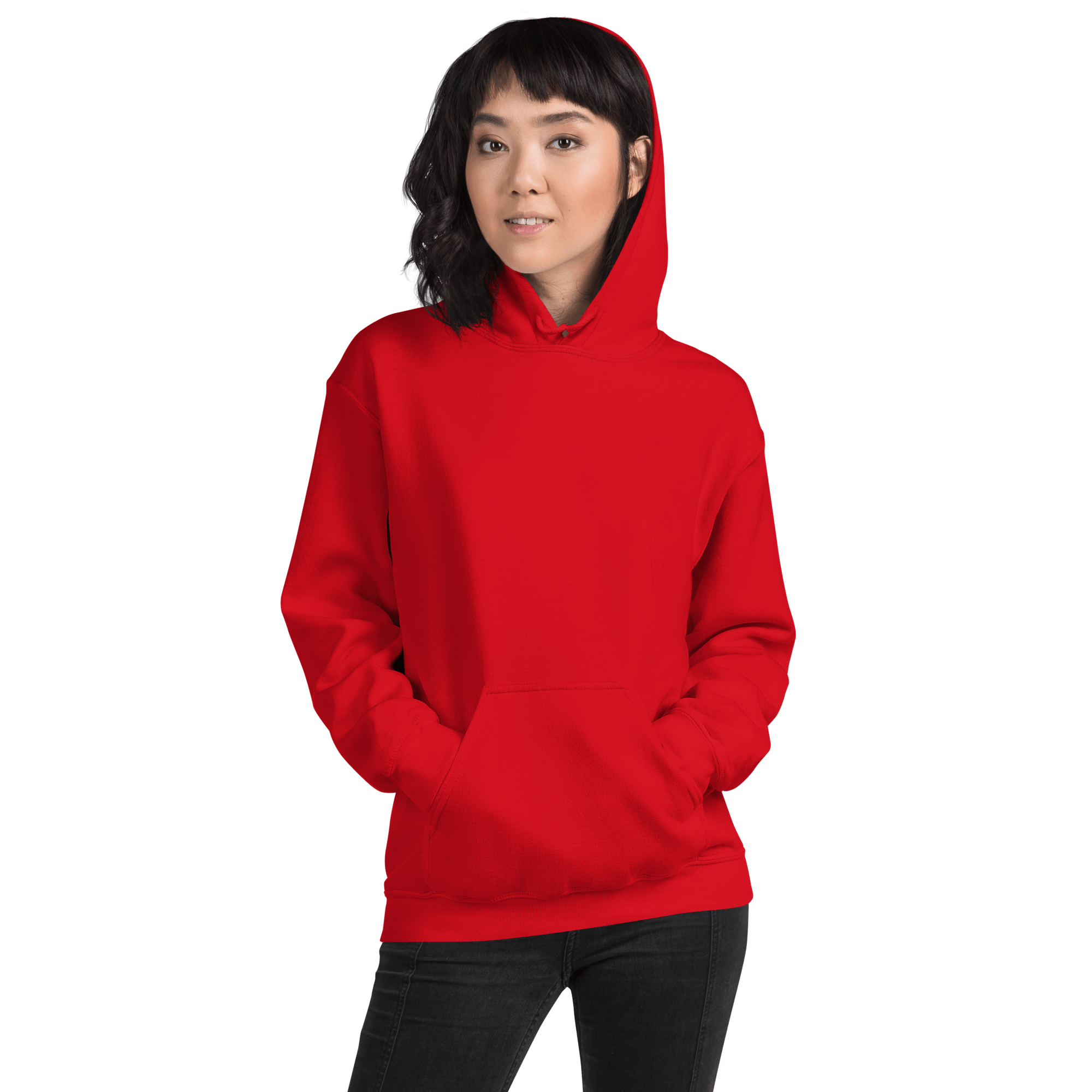 Woman wearing red hoodie front view with