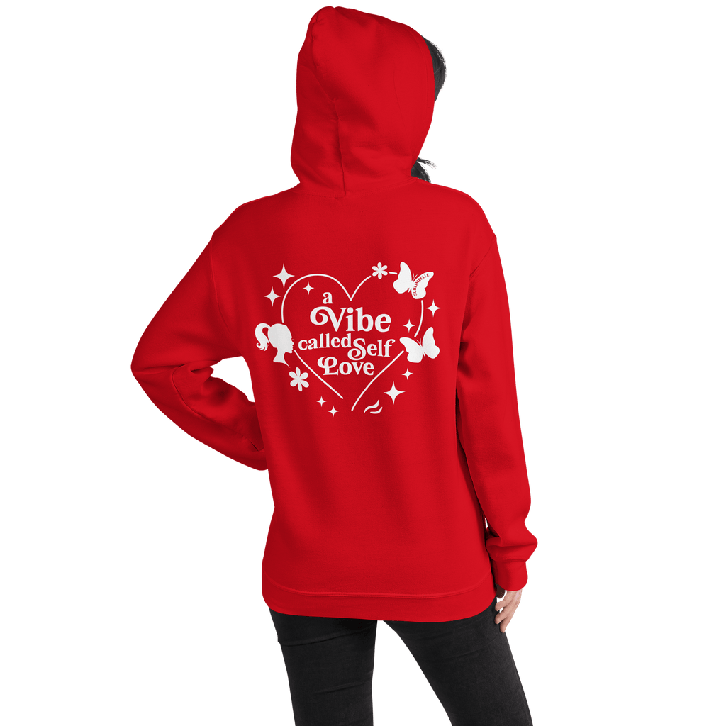 Woman wearing red hoodie back view showing quote