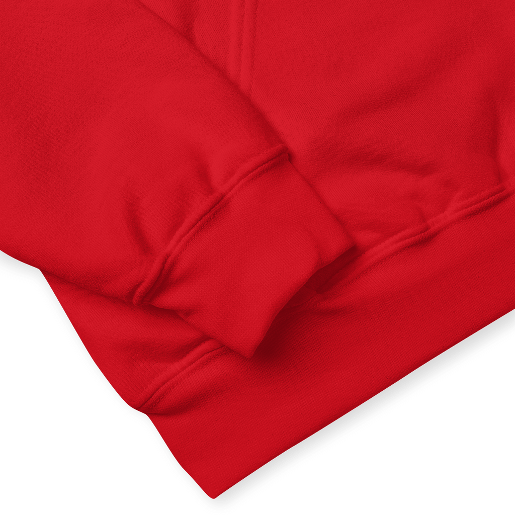 Close-up of bottom hem and sleeve cuff – red hoodie detail
