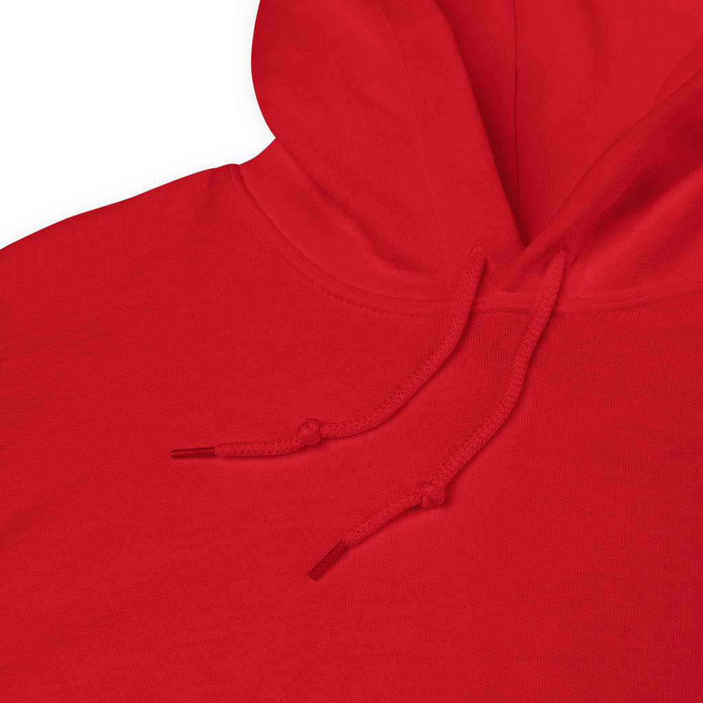 Red hoodie close-up of drawstrings – premium cotton