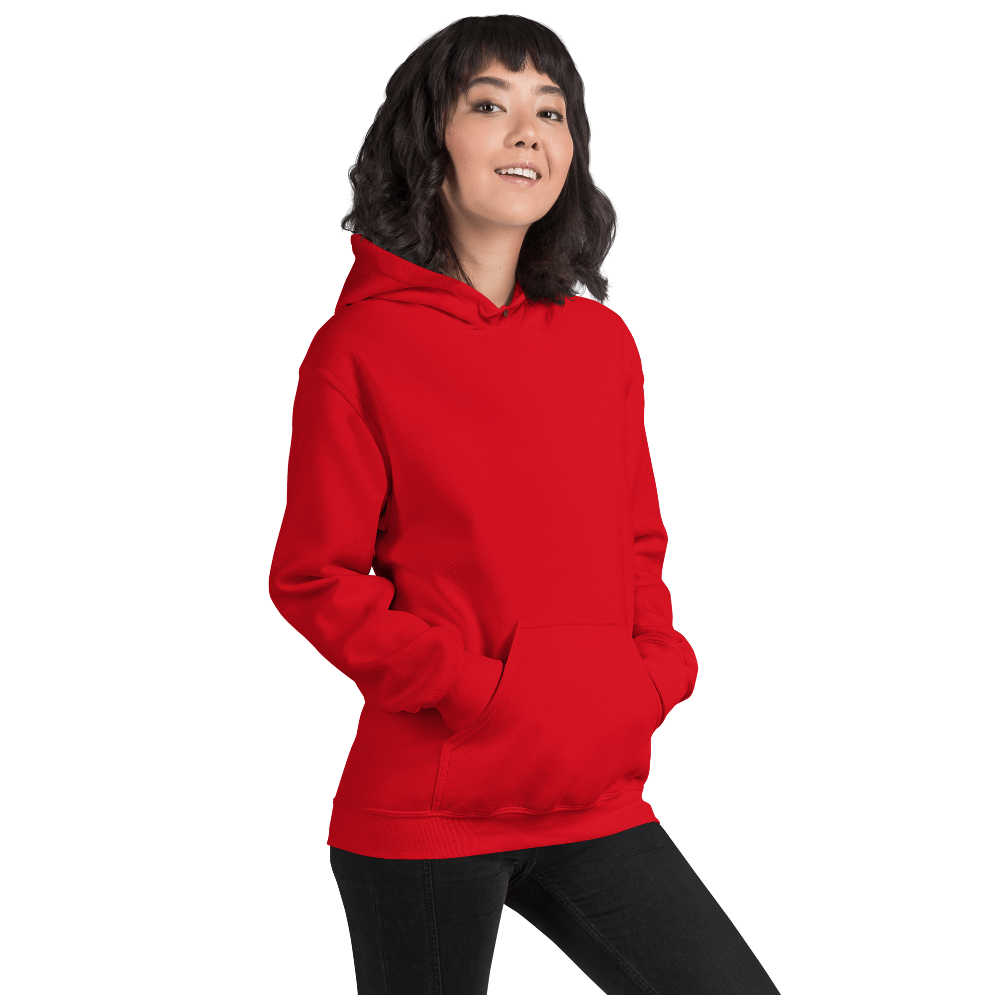 Woman wearing red hoodie front view with hands in pockets
