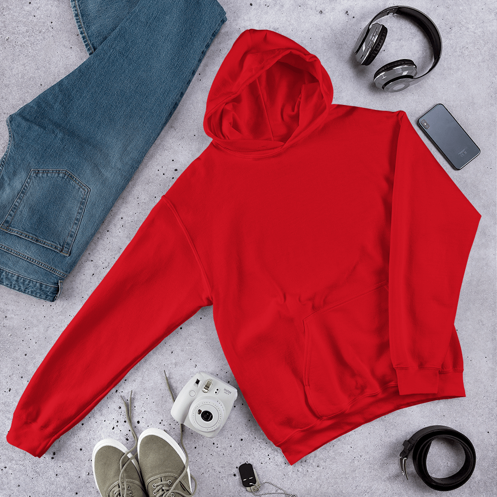 Red hoodie paired with jeans, shoes, and accessories
