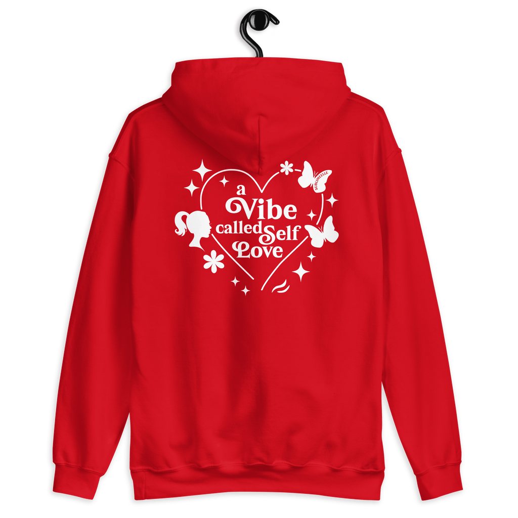 Red hoodie hanging on hanger – back view showing quote