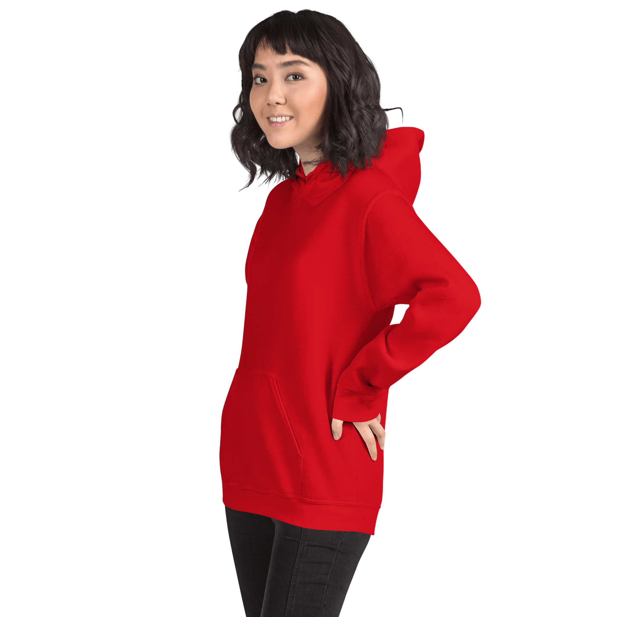 Woman wearing red hoodie left side view – lifestyle shot