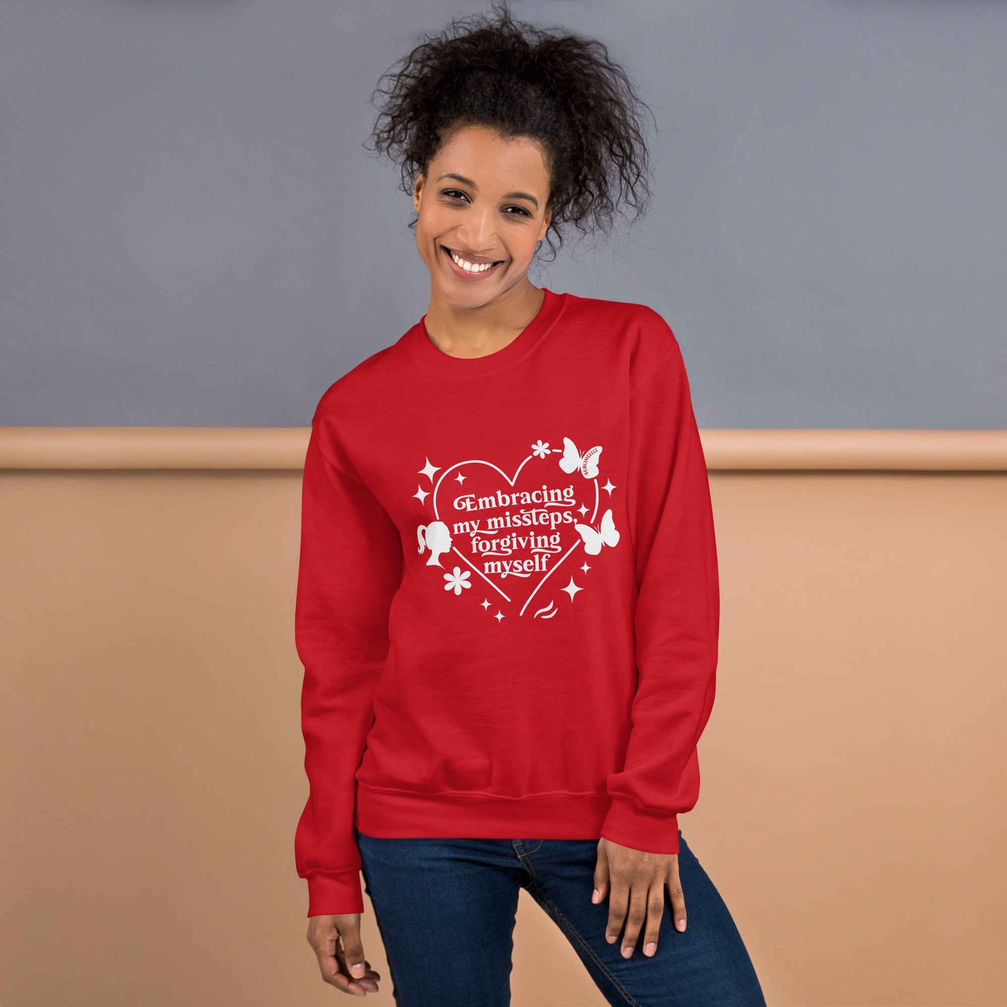 Red Sweatshirt ‘Embracing My Missteps, Forgiving Myself’ – Self Love Inspirational Apparel - SublimeElle Self - Love