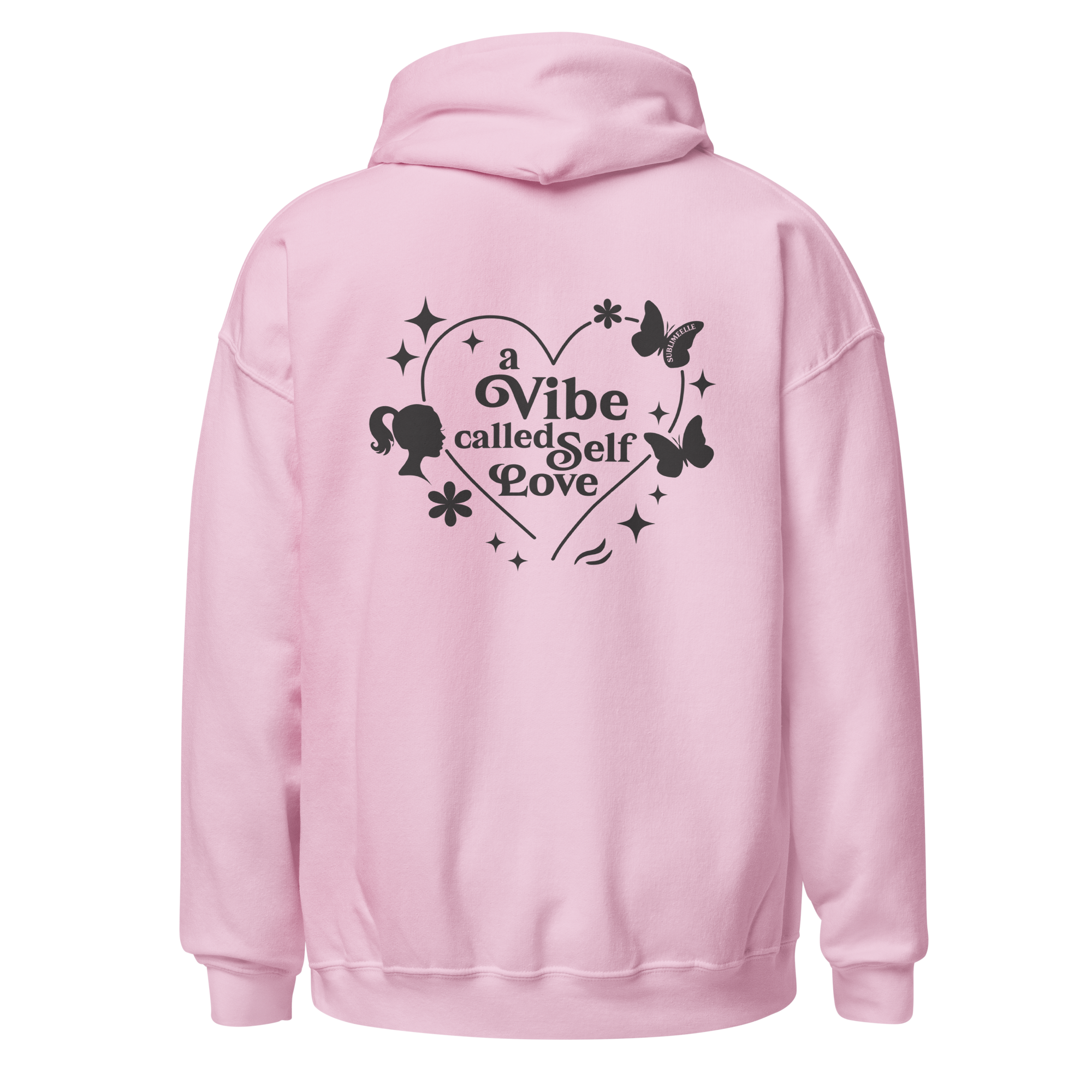 Light pink SublimeElle Self-Love hoodie with a design and the quote ‘A vibe called self-love' in black lettering, back view.