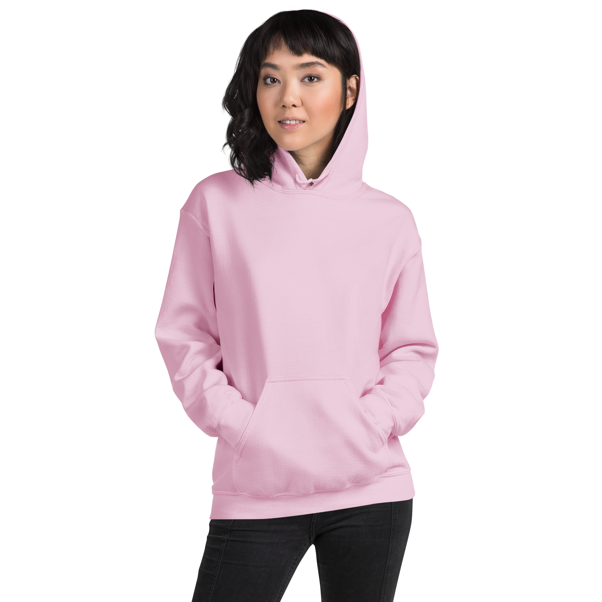 Woman wearing light pink SublimeElle Self-Love hoodie with quote ‘a vibe called self-love' in black, casual outdoor setting, front view.