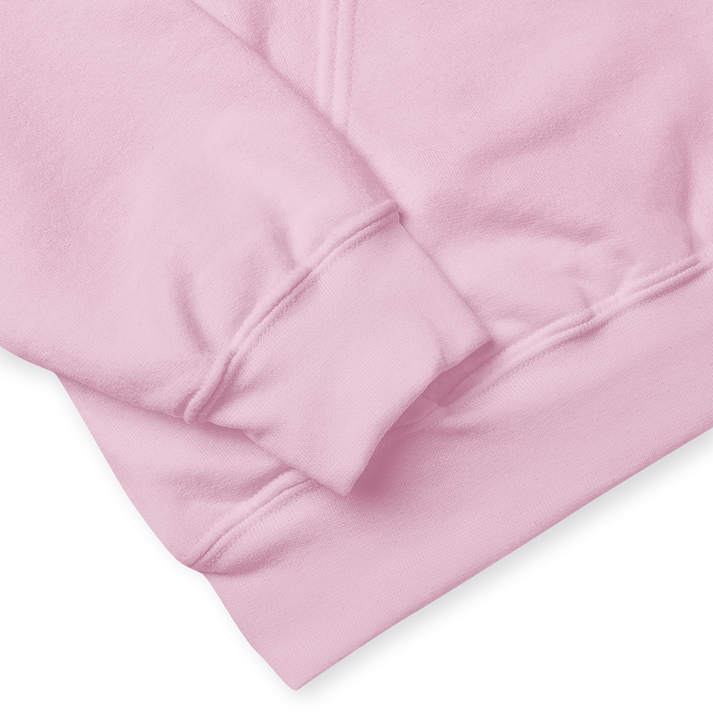 Front sleeve detail of pastel pink hoodie, soft and comfortable self love clothing. Designed for mindfulness, self compassion, and life improvement style.
