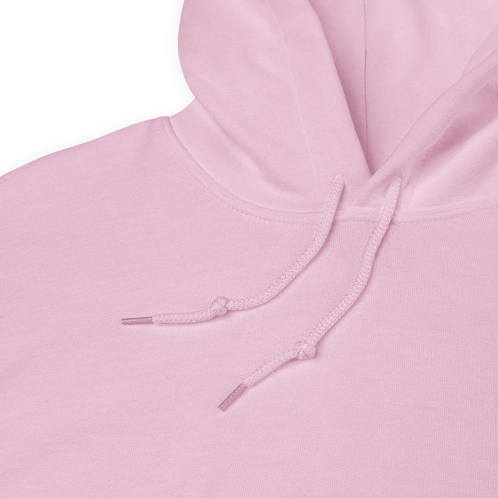 Close-up of light pink hoodie hood and drawstrings, soft self love and self care fashion detail. Cozy feminine pink sweatshirt design for confidence, self growth, mindfulness, and everyday life improvement.  Design and the Quote: a vibe called self-love.
