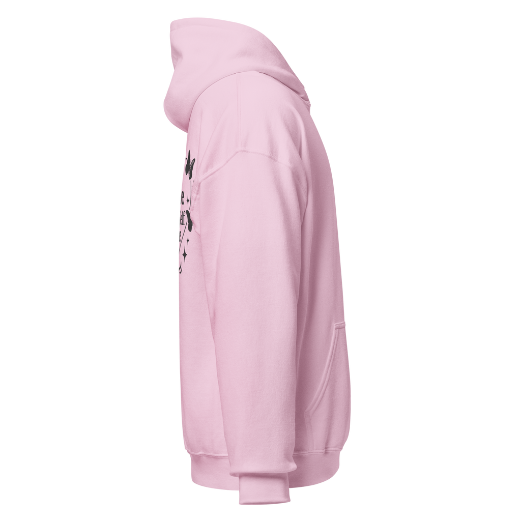 Light pink SublimeElle Self-Love hoodie with a design and the quote ’ a vibe called self-love" in black lettering, right side view.