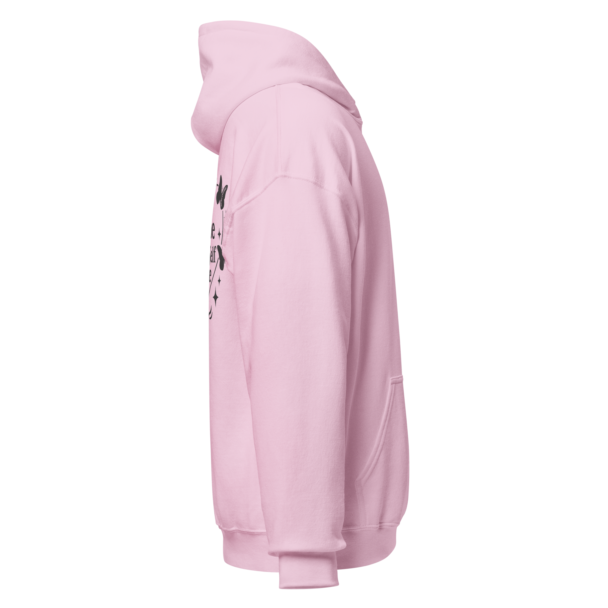 Light pink SublimeElle Self-Love hoodie with a design and the quote ’ a vibe called self-love" in black lettering, right side view.