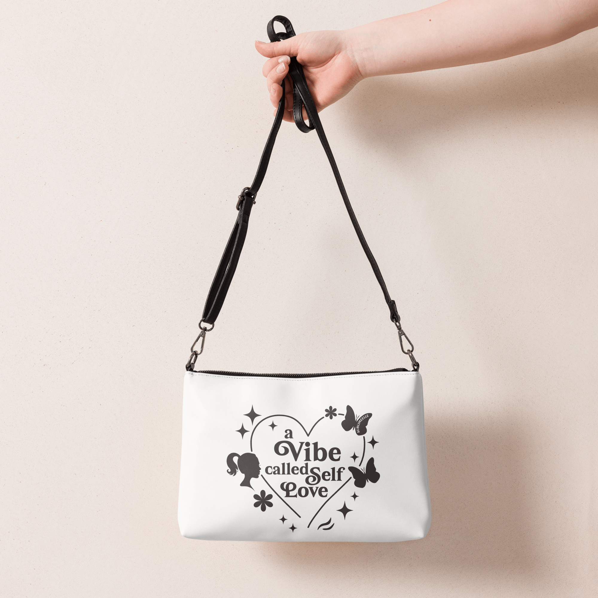 White Crossbody Bag for Women – Faux Leather Bag With Self - Love Quote - SublimeElle Self - Love
