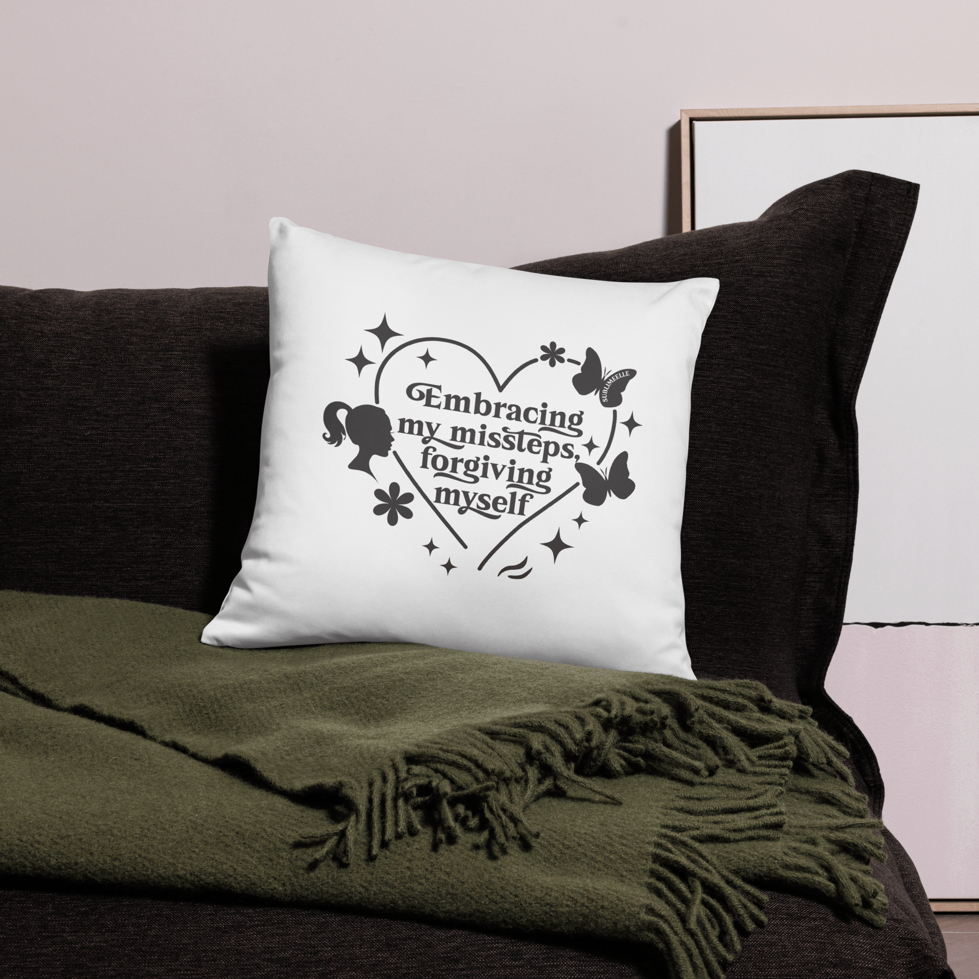 White Throw Pillow – 18x18 Embracing My Missteps, Forgiving Myself – Self Love Inspirational Quote Pillow - SublimeElle Self - Love