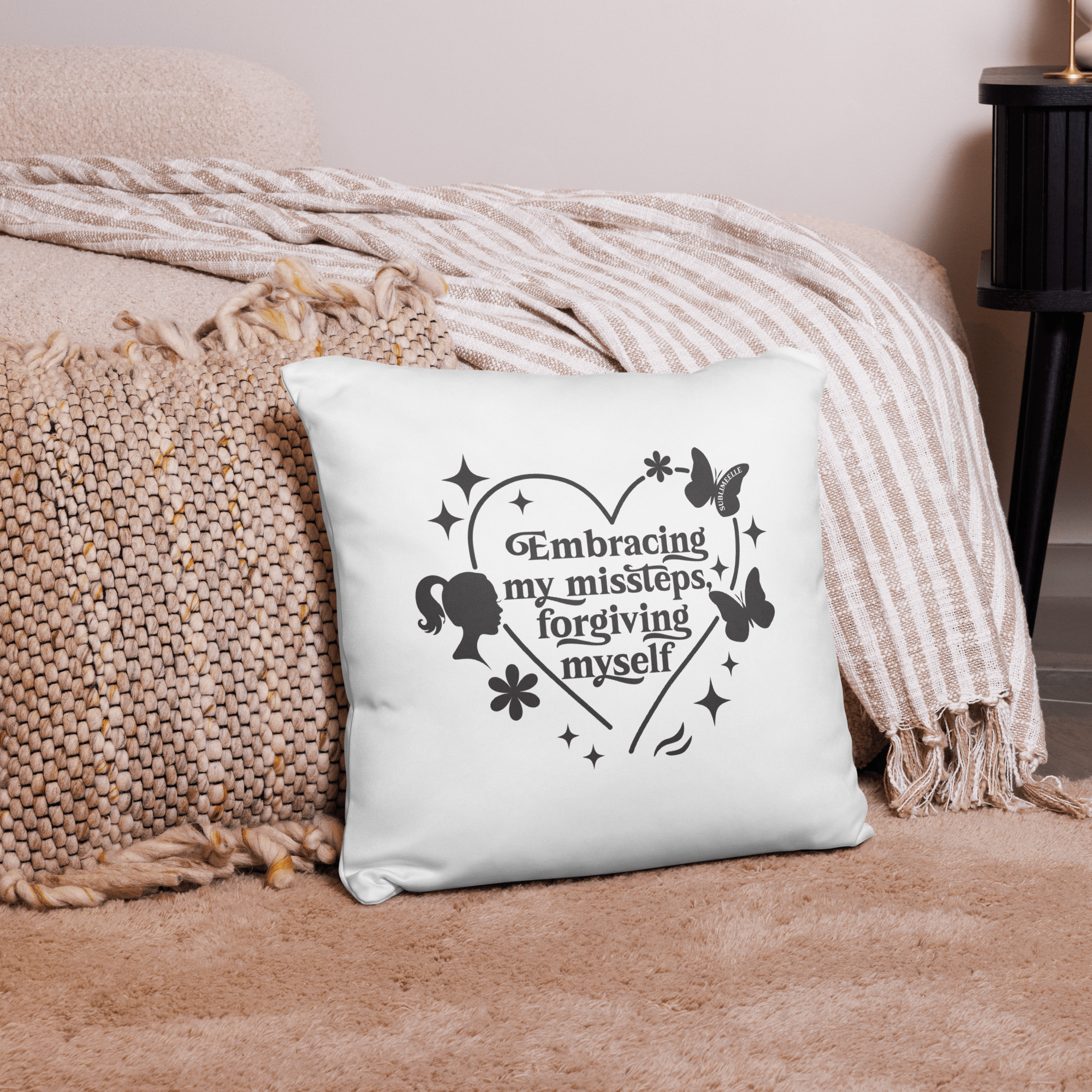 White Throw Pillow – 18x18 Embracing My Missteps, Forgiving Myself – Self Love Inspirational Quote Pillow - SublimeElle Self - Love