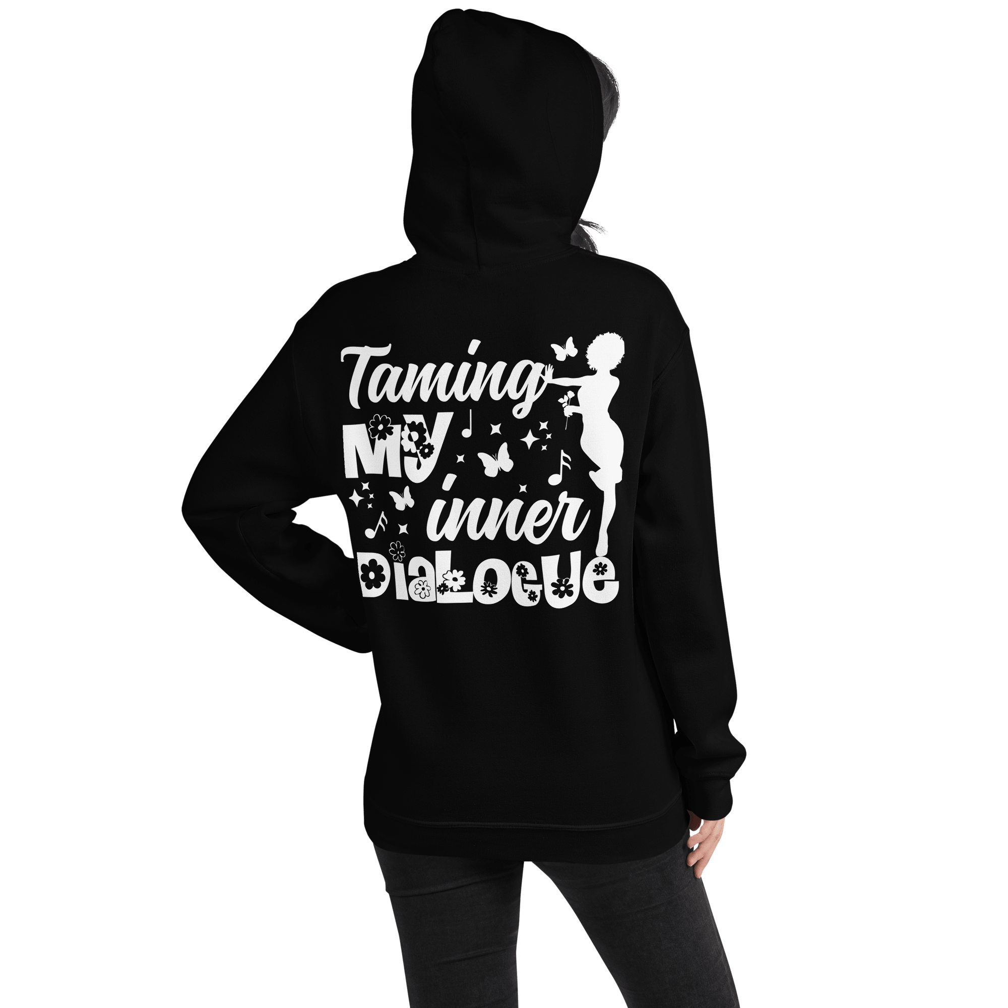 Women's Black "Taming My Inner Dialogue" Pullover Hoodie, Music Notes & Star Graphic: - SublimeElle Self - Love